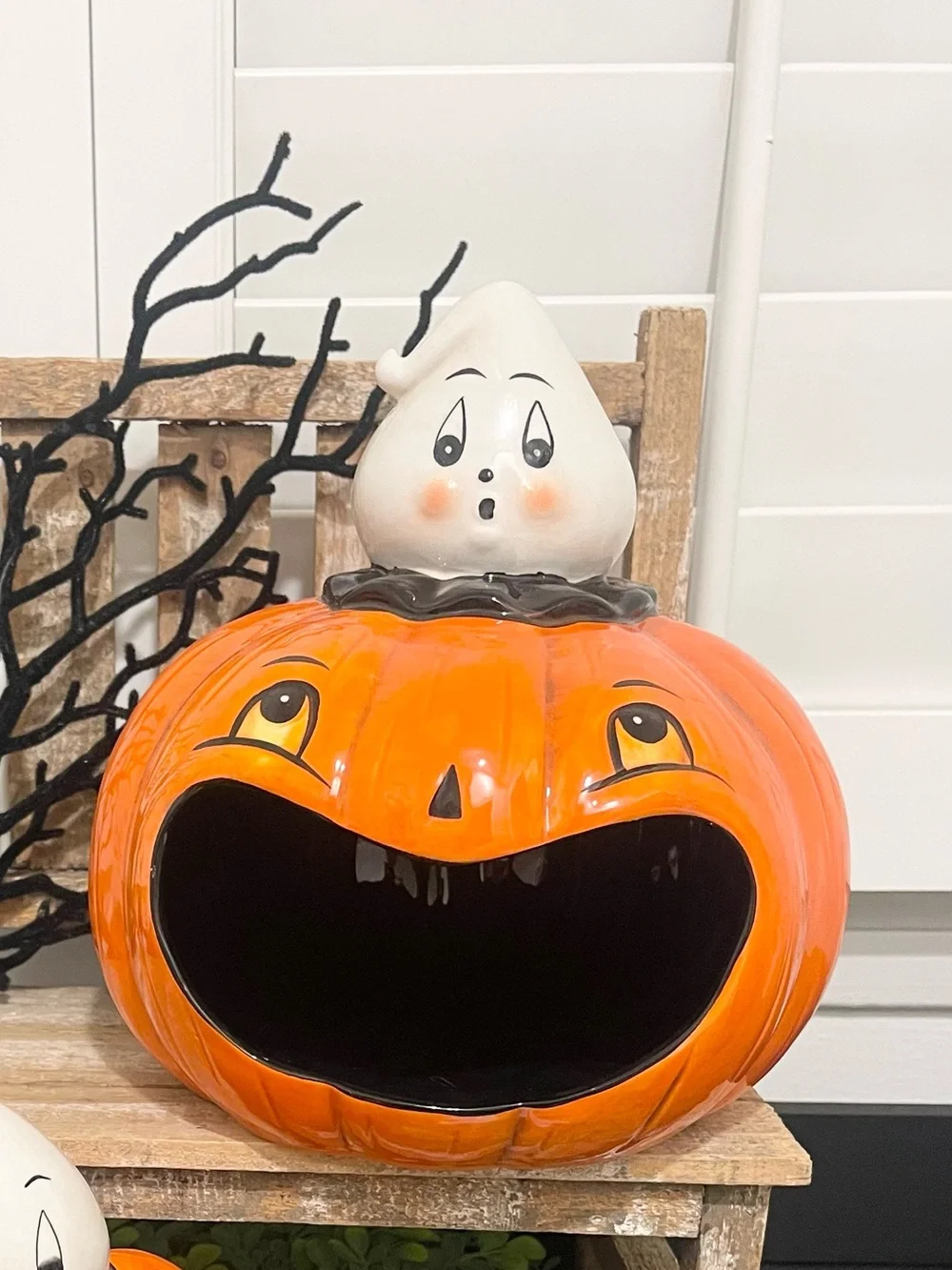 New Johanna Parker LARGE Orange Pumpkin & Ghost Open Mouth Candy Holder